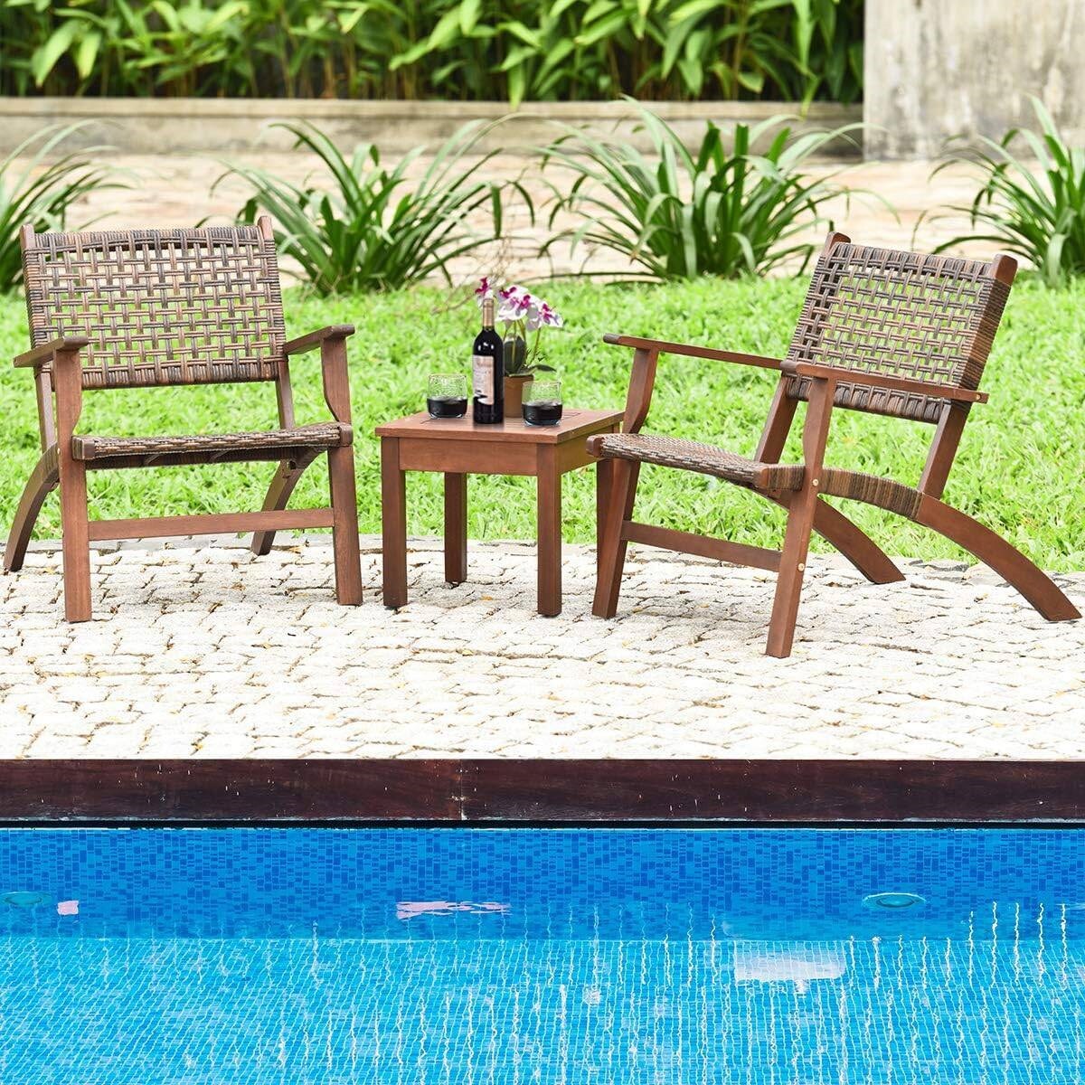 3-Piece Solid Wood and Rattan Patio Furniture Table Chairs Set