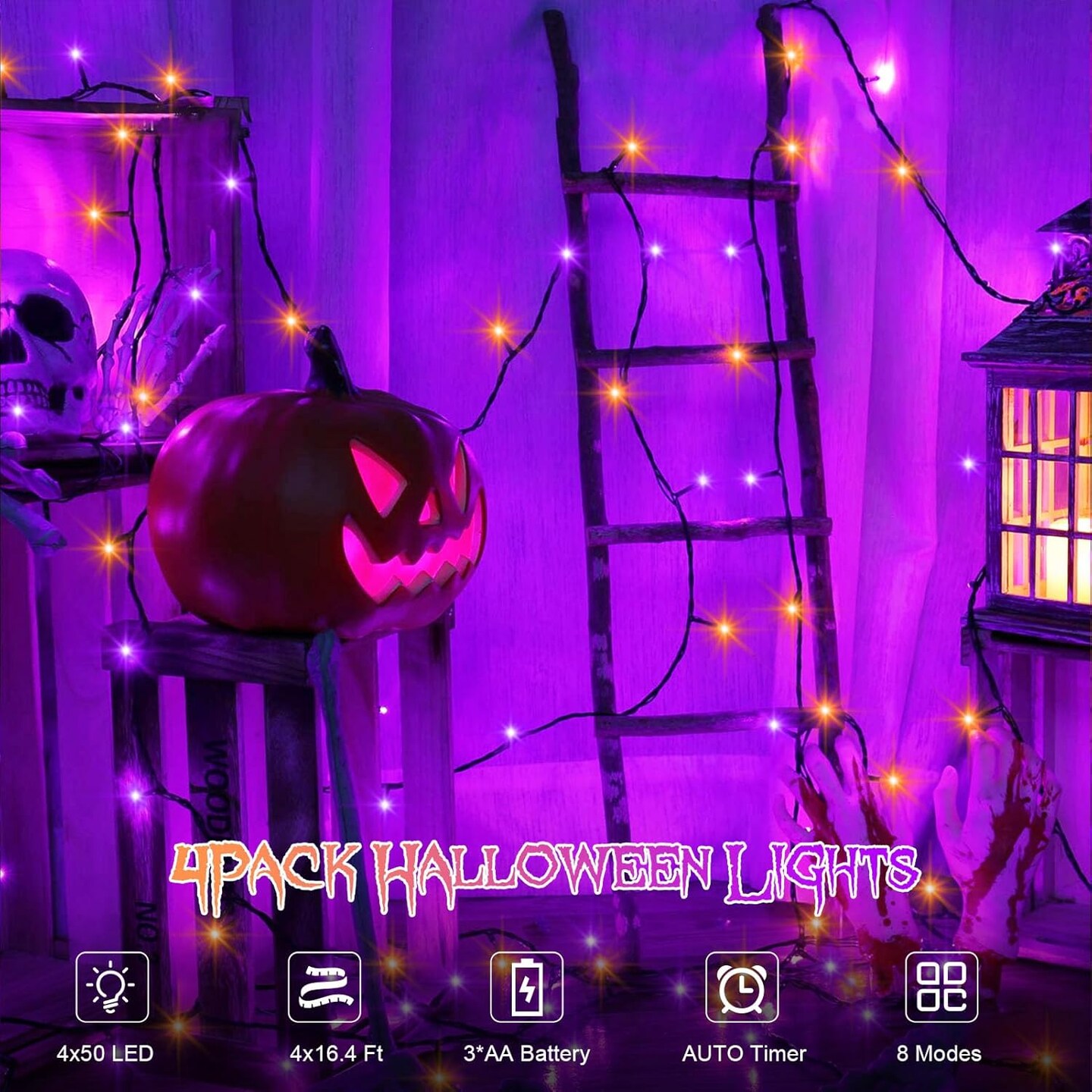 4 Pack Orange Purple Halloween String Lights (&#x9;Purple &#x26; Orange String Lights)