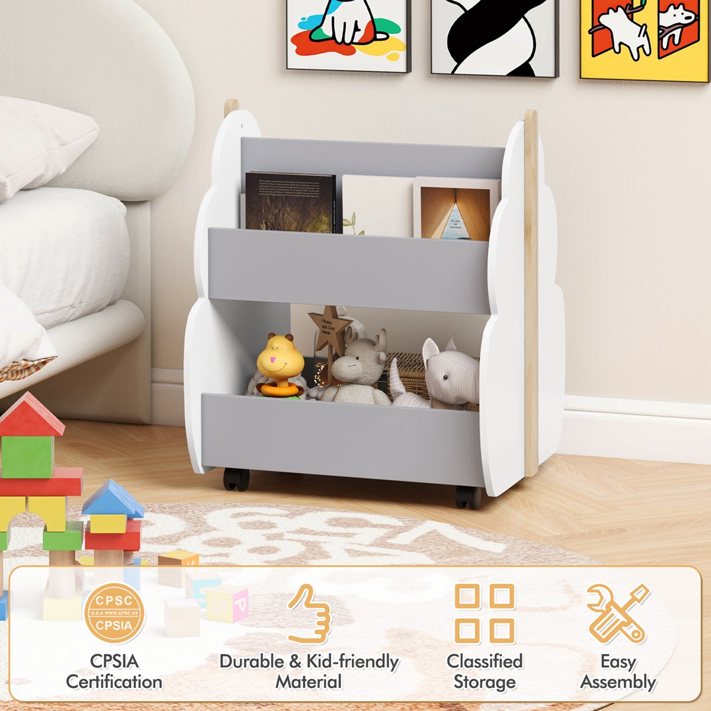 Costway Kids Wooden Bookshelf with Wheels 2-Tier Toy Storage Shelf Double-sided Bookcase Grey/Natural