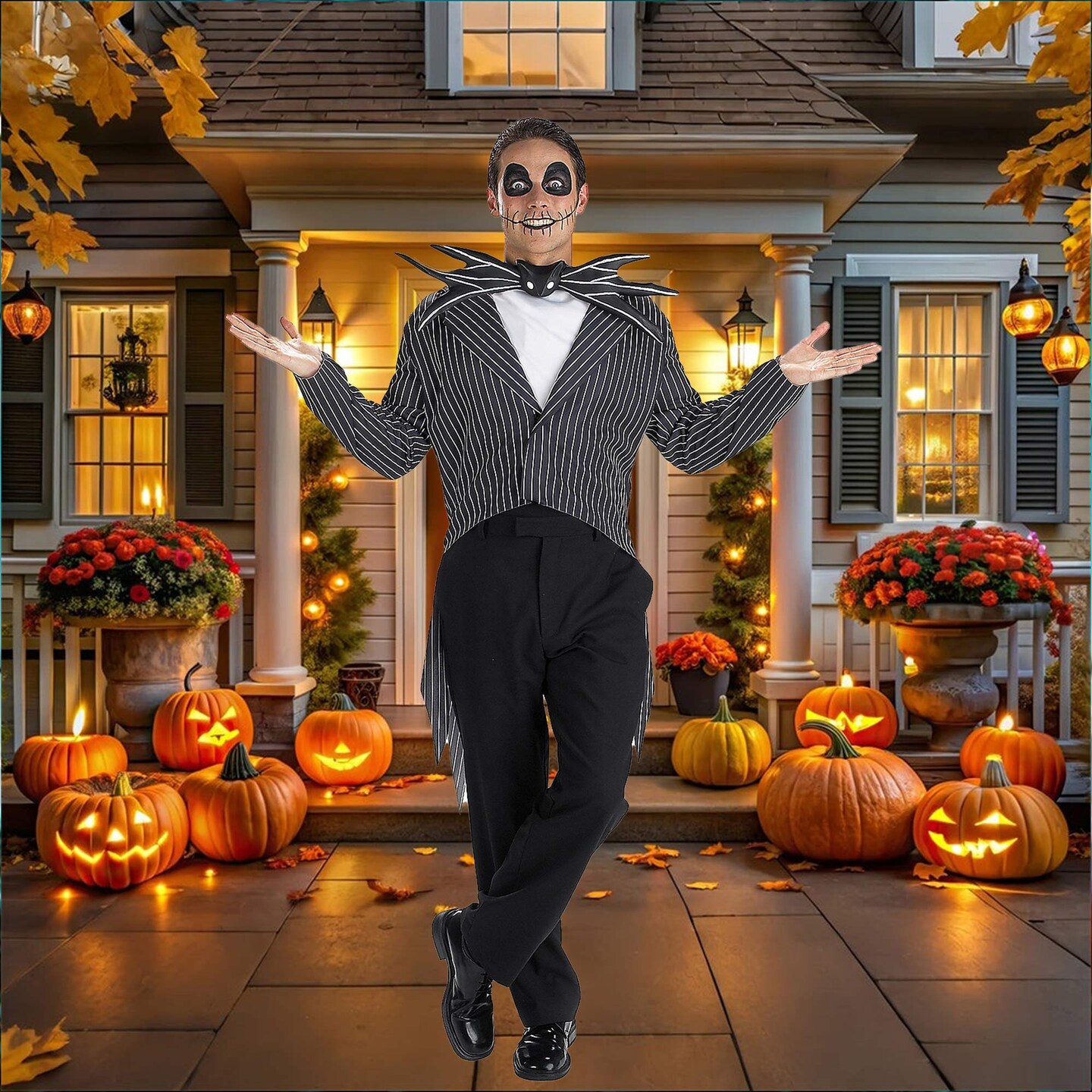 Jack Skellington Scary Costume Halloween Nightmare Before Christmas Jacket Bow Tie Ascot Set