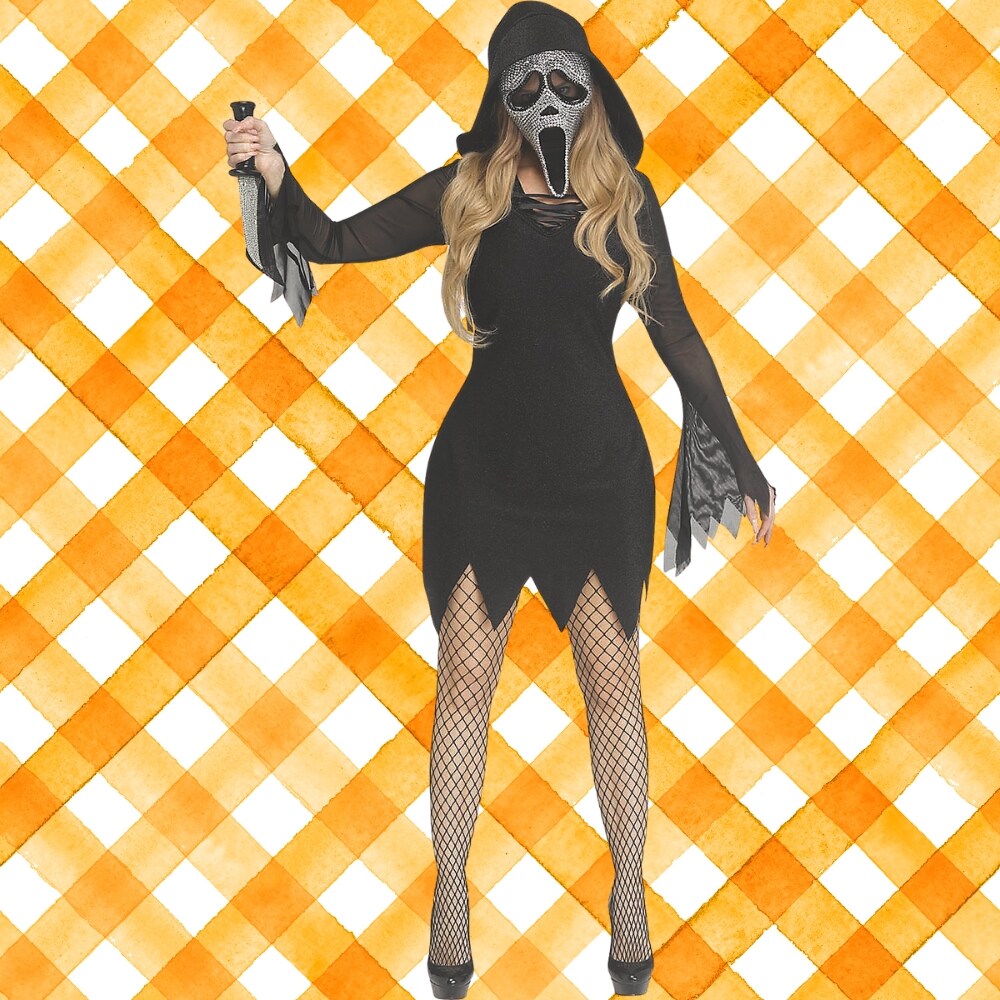 Women&#x27;s Scream Ghost Face Bling Costume Halloween Sparkle Mini Dress Rhinestone Mask Scary Party Outfit