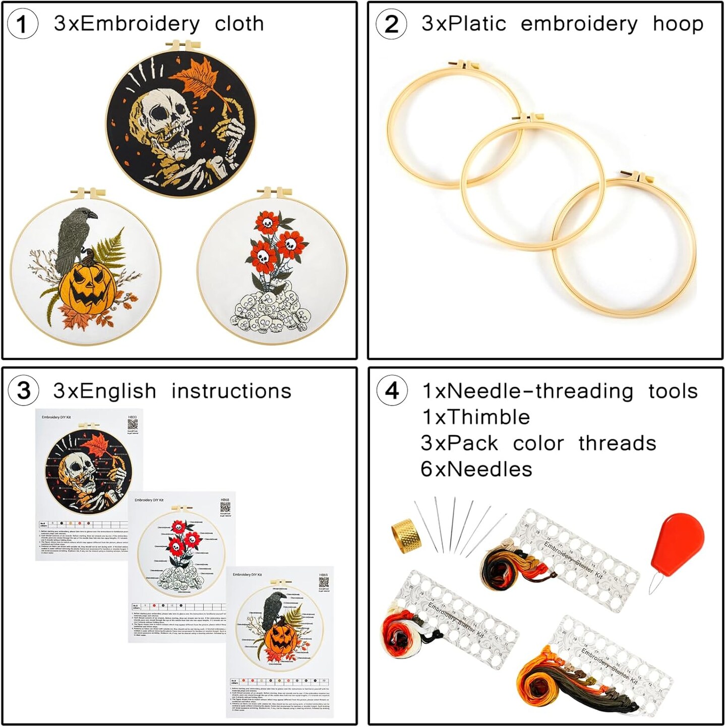 Gothic Halloween Embroidery Kit for Beginners – Stamped Cross Stitch Needlepoint Set with 3 Hoops, Pumpkin, Skull & Raven Designs, Includes Threads, Needles & Video Tutorial QR Code (White)