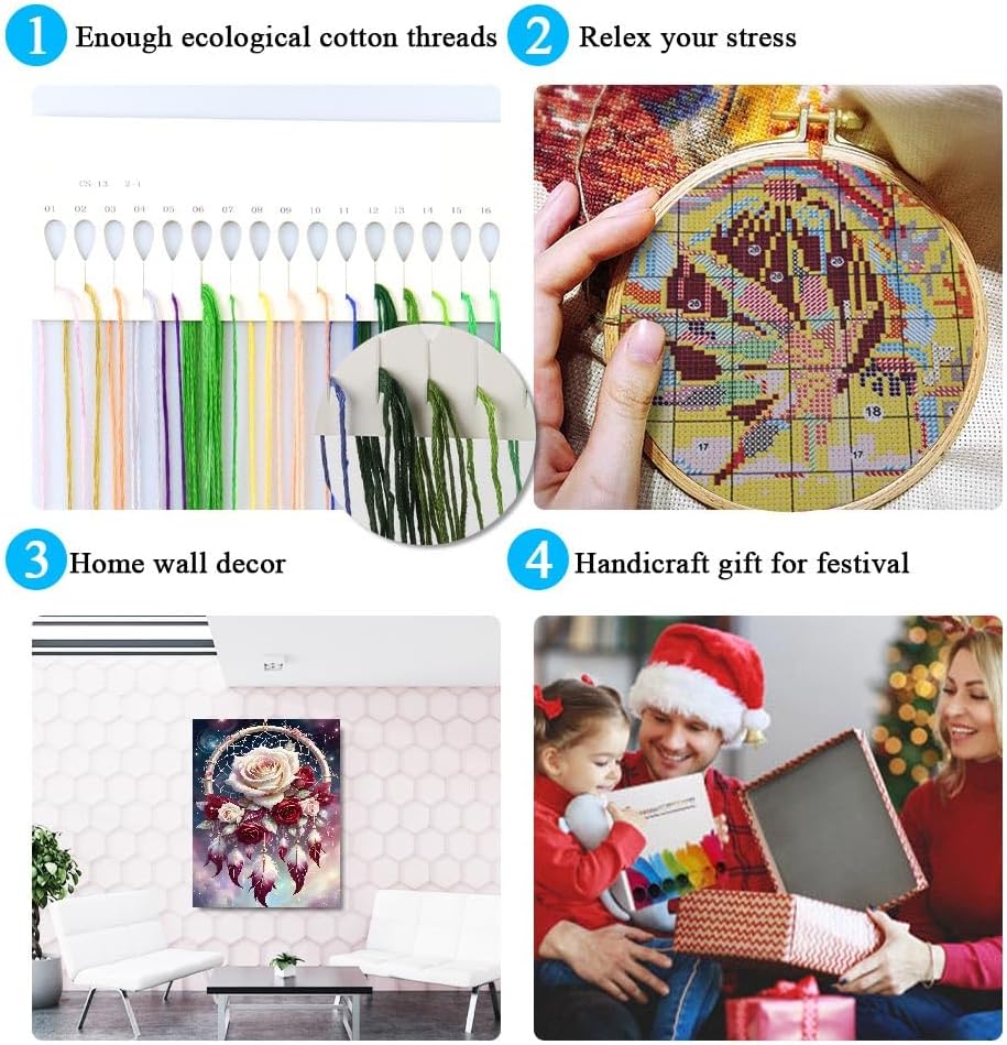 Dream Catcher Counted Cross Stitch Kits for Adults, Flowers Stamped Cross Stitch Kits for Beginners