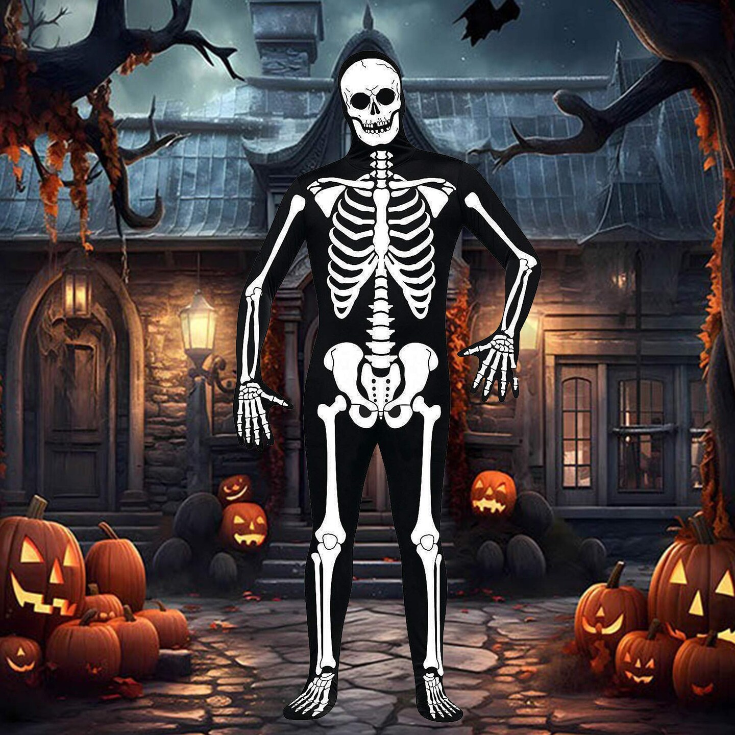 Boy&#x27;s Skull N Bones Morphsuit Costume with Full Hooded Skeleton Print Design