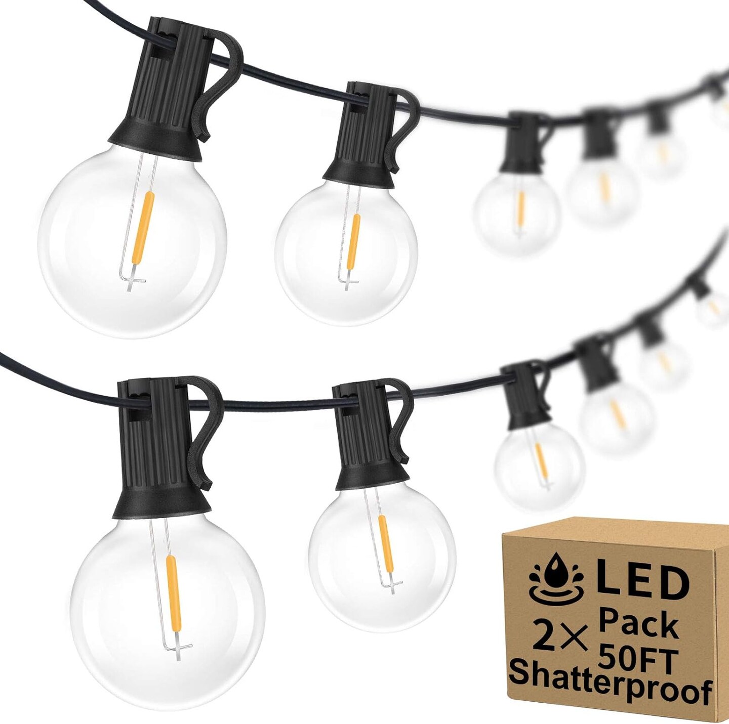 2-Pack 100ft Outdoor G40 LED Globe String Lights – Dimmable, Waterproof & Shatterproof, 52 Connectable Bulbs for Patio, Backyard, Balcony, Wedding, Party & Christmas Decor (Black)