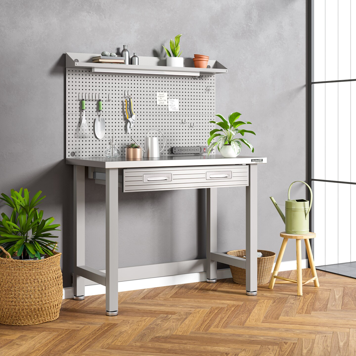 Seville Classics UltraHD Lighted Workcenter w/ Stainless Steel Top and Pegboard