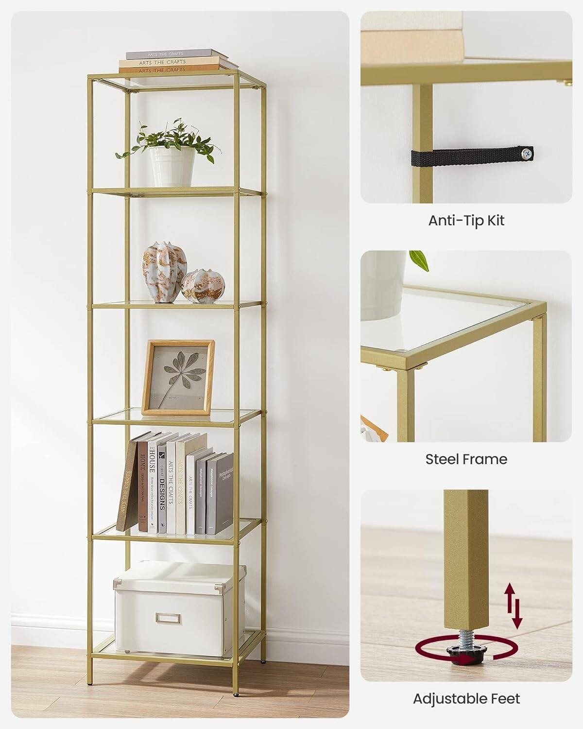 Narrow Glass Shelf Bookcase with Steel Frame for Bedroom Living Room Office Bathroom Storage
