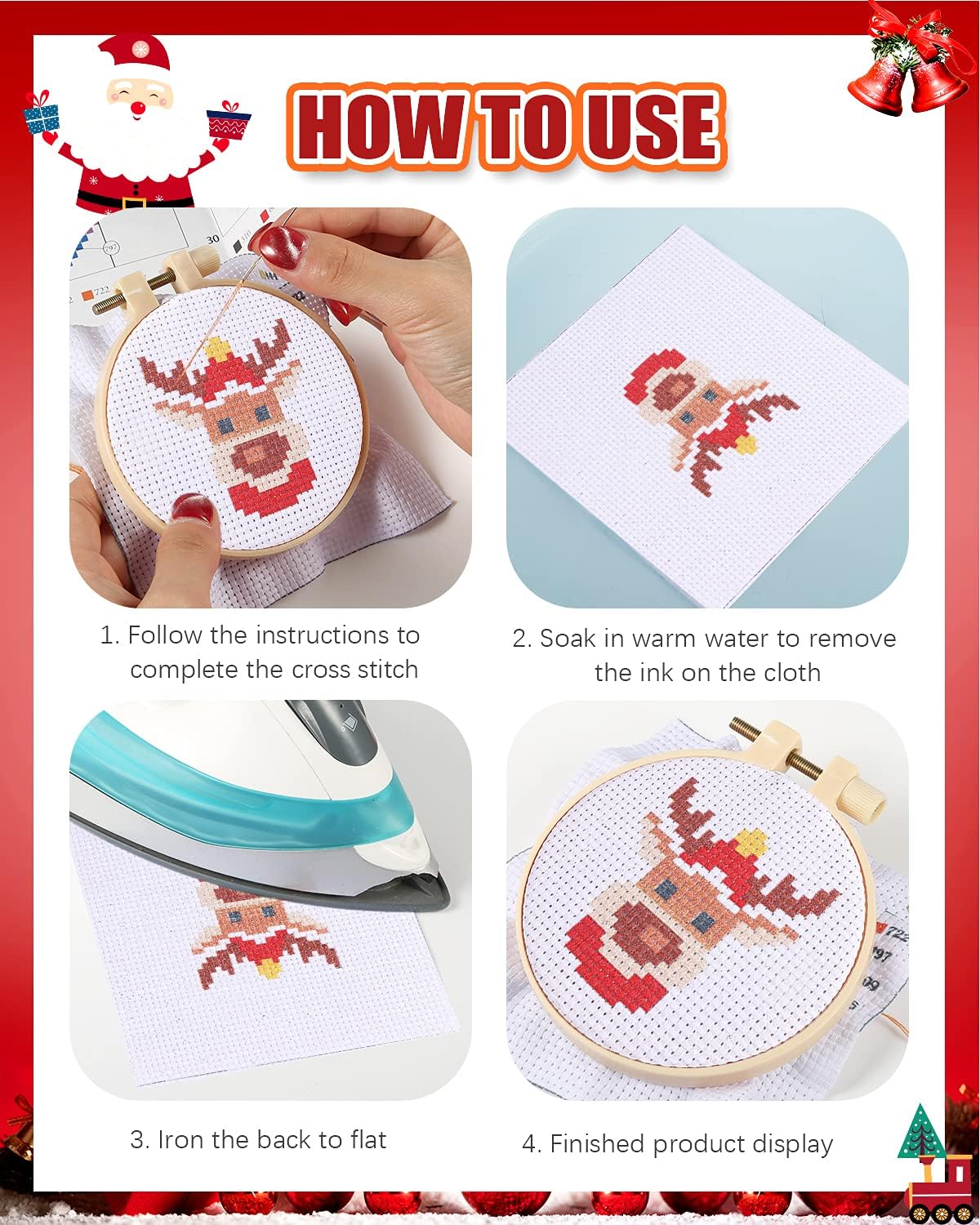 Christmas Cross Stitch Beginner Kits for Kids 7-13, Includes 6pcs Project Cross Stitch Pattern and 2pcs Hoops
