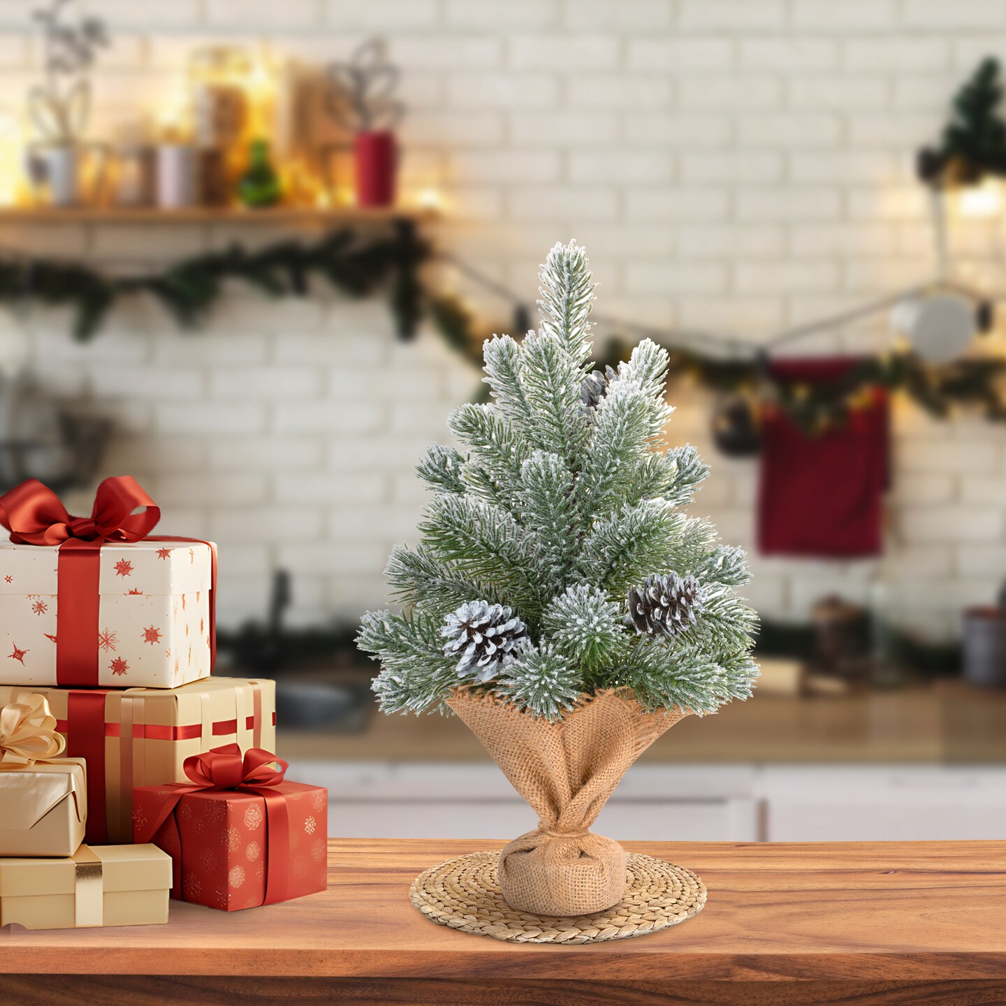 16" Mini Flocked Christmas Tree – Snowed Pine with Cones, Burlap Base, Small Tabletop Winter Holiday Decor