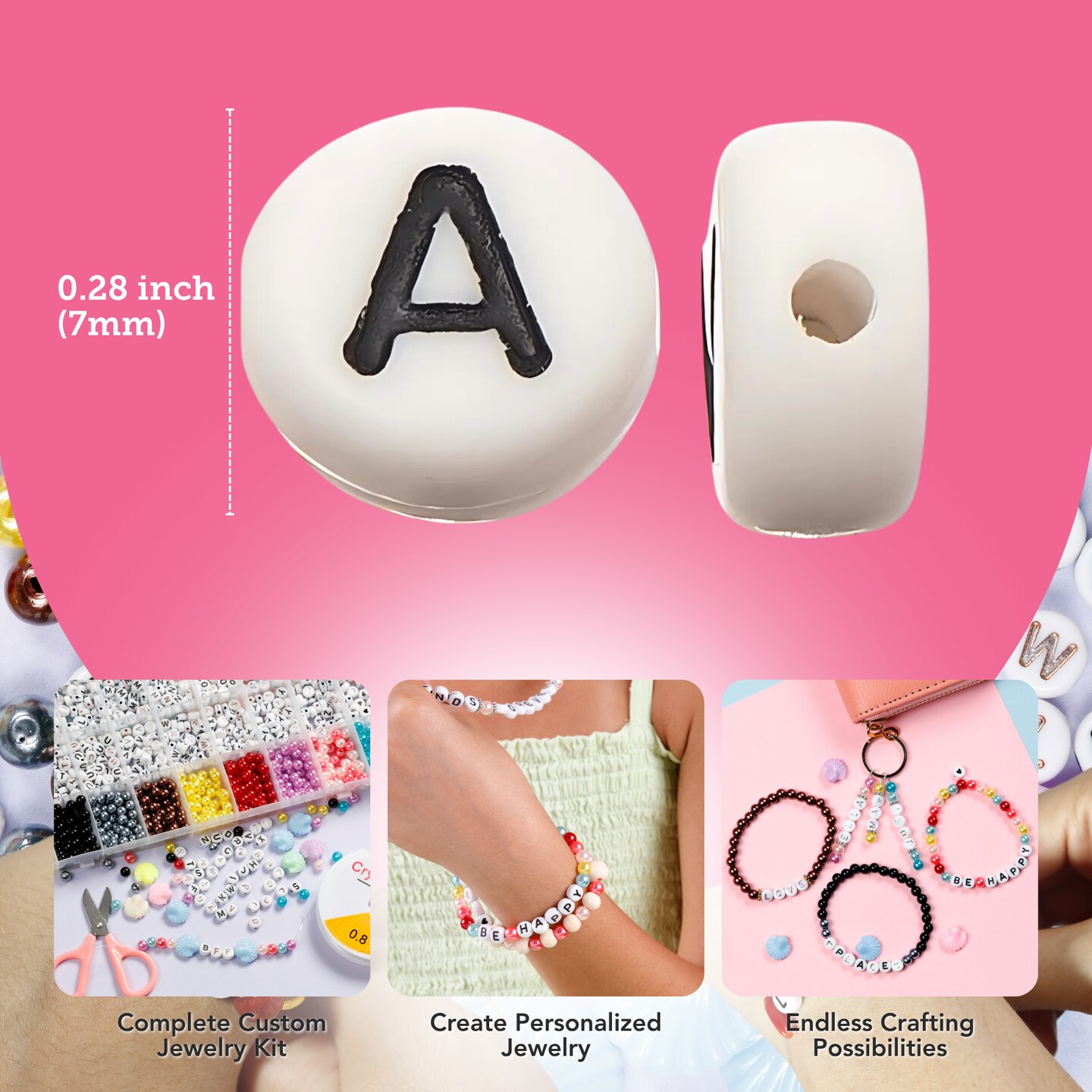 Incraftables 3 Styles Letter Beads for Jewelry Making (7mm, 1080pcs). A-Z Black, Gold & Rose Gold Alphabet for DIY Friendship Bracelets & Crafts. ABC & Heart Bead w/ Elastic String, Clasps & Organizer