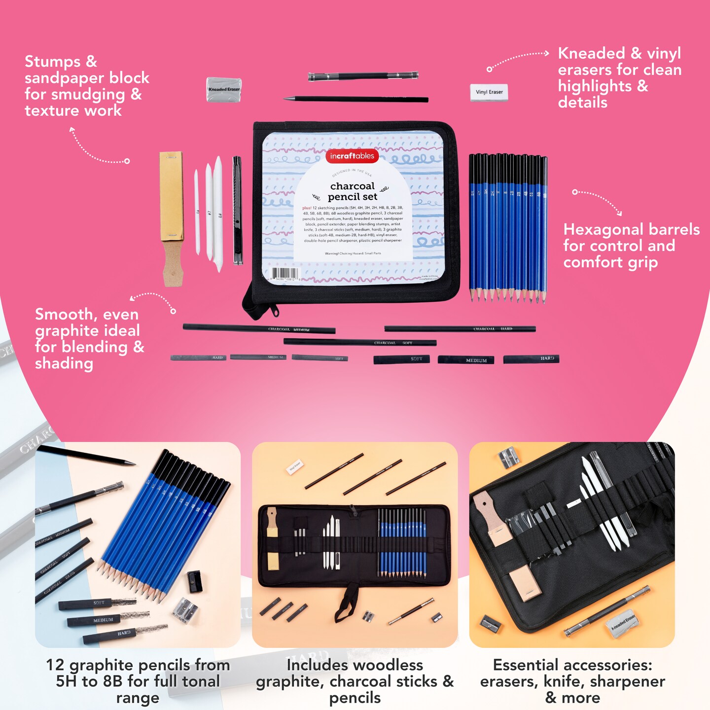 Incraftables Drawing Pencils for Sketching &#x26; Shading. Art Sketch Pencils Set for Adults &#x26; kids. Drawing Supplies Sketch Kit with 21 Graphite &#x26; Charcoal Pencils, Erasers, Sandpaper, Knife &#x26; Sharpener