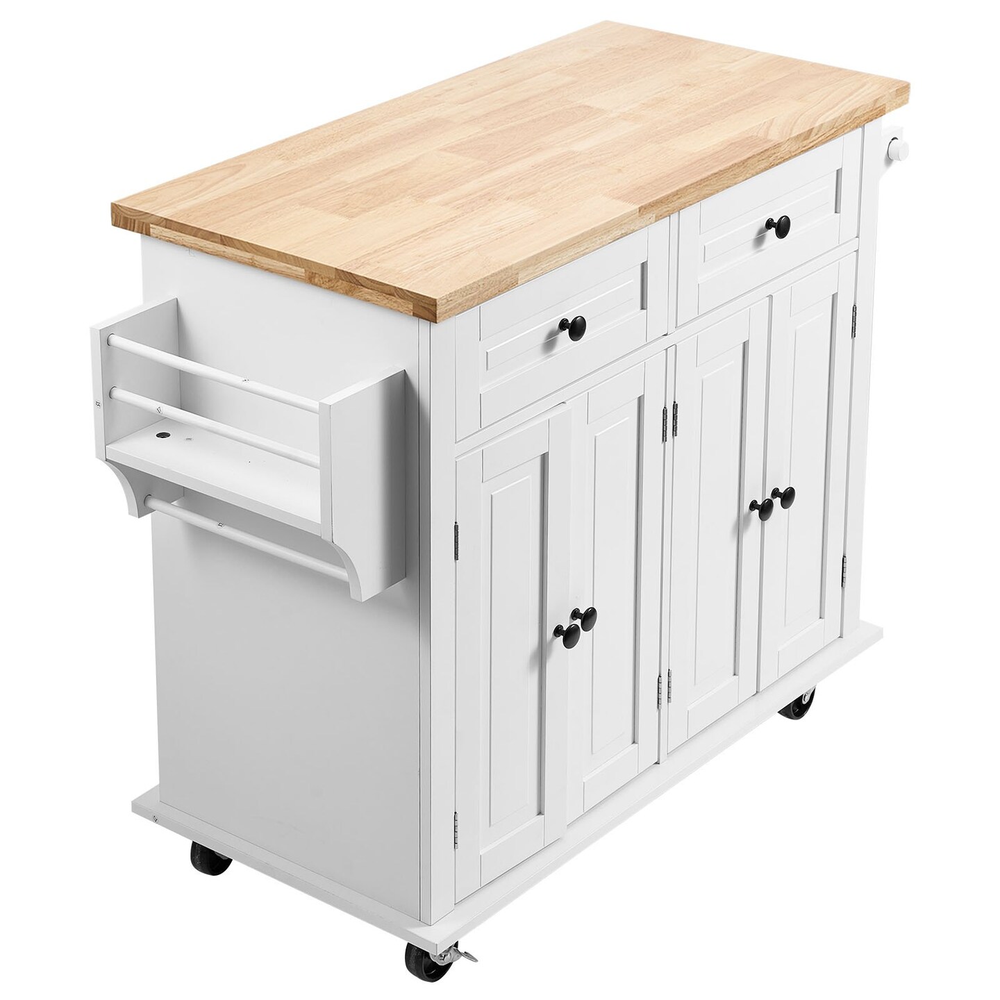 White Solid Wood and MDF Kitchen Island with Drop Leaf and Lockable Wheels