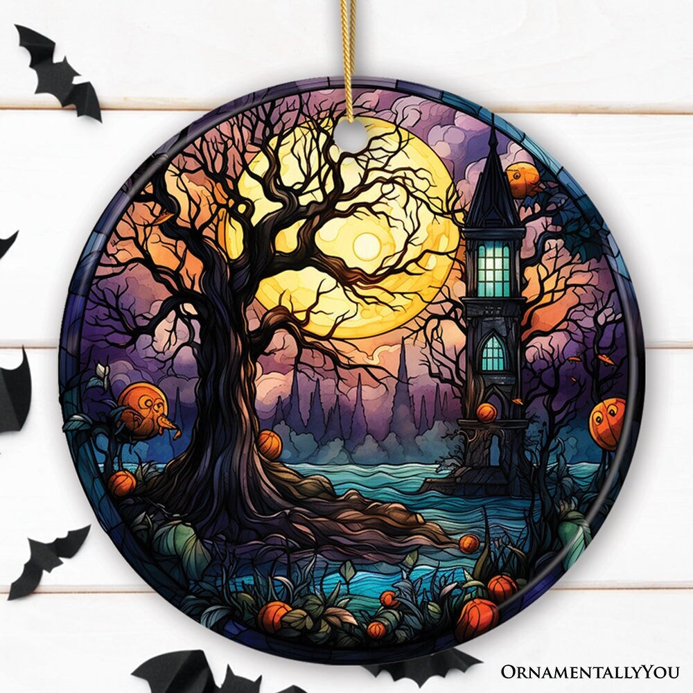 Spooky Tree and Haunted House Stained Glass Style Ceramic Ornament Halloween Themed Christmas Gift and Decor
