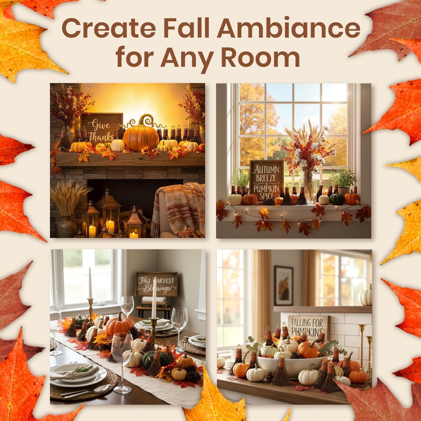 Pumpkin Spice Scented Broom 3in Mini Broomsticks - Decorative Witch Broom for Door Protection & Halloween Décor