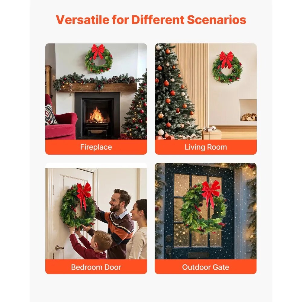 Pre Lit Christmas Wreath 24 Inch with LED Lights and Timer for Door or Fireplace