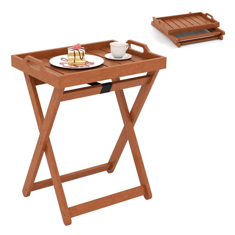 Natural Wood Folding Tray Table with Removable Serving Tray for Indoor and Outdoor Use