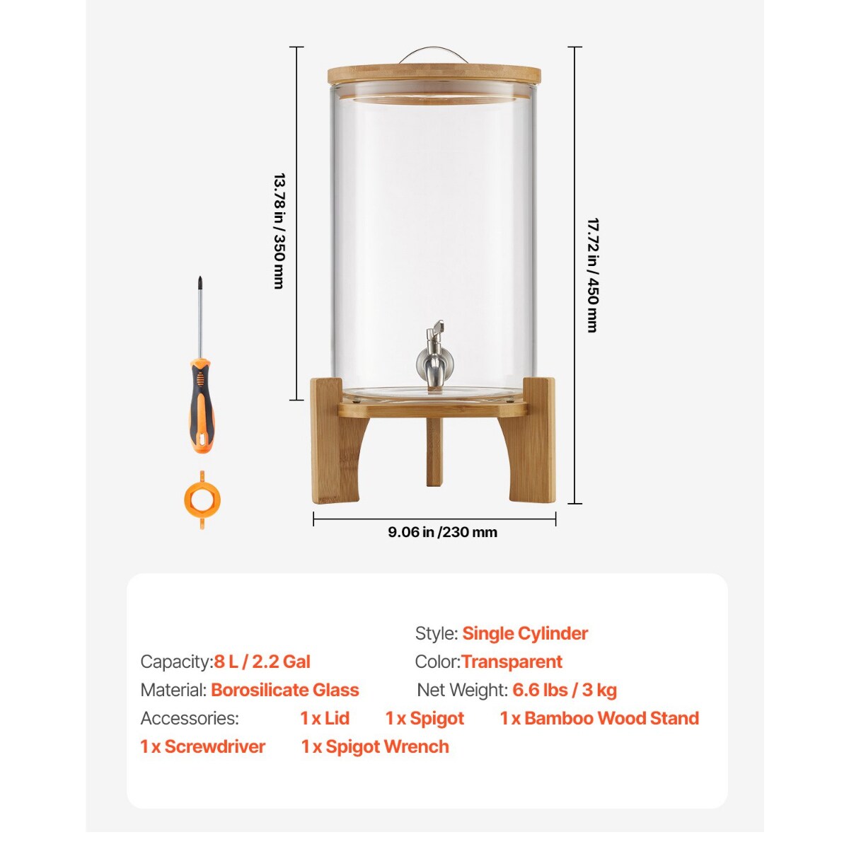 Glass Drink Dispenser 2.2 Gal for Juice Iced Tea Lemonade Parties