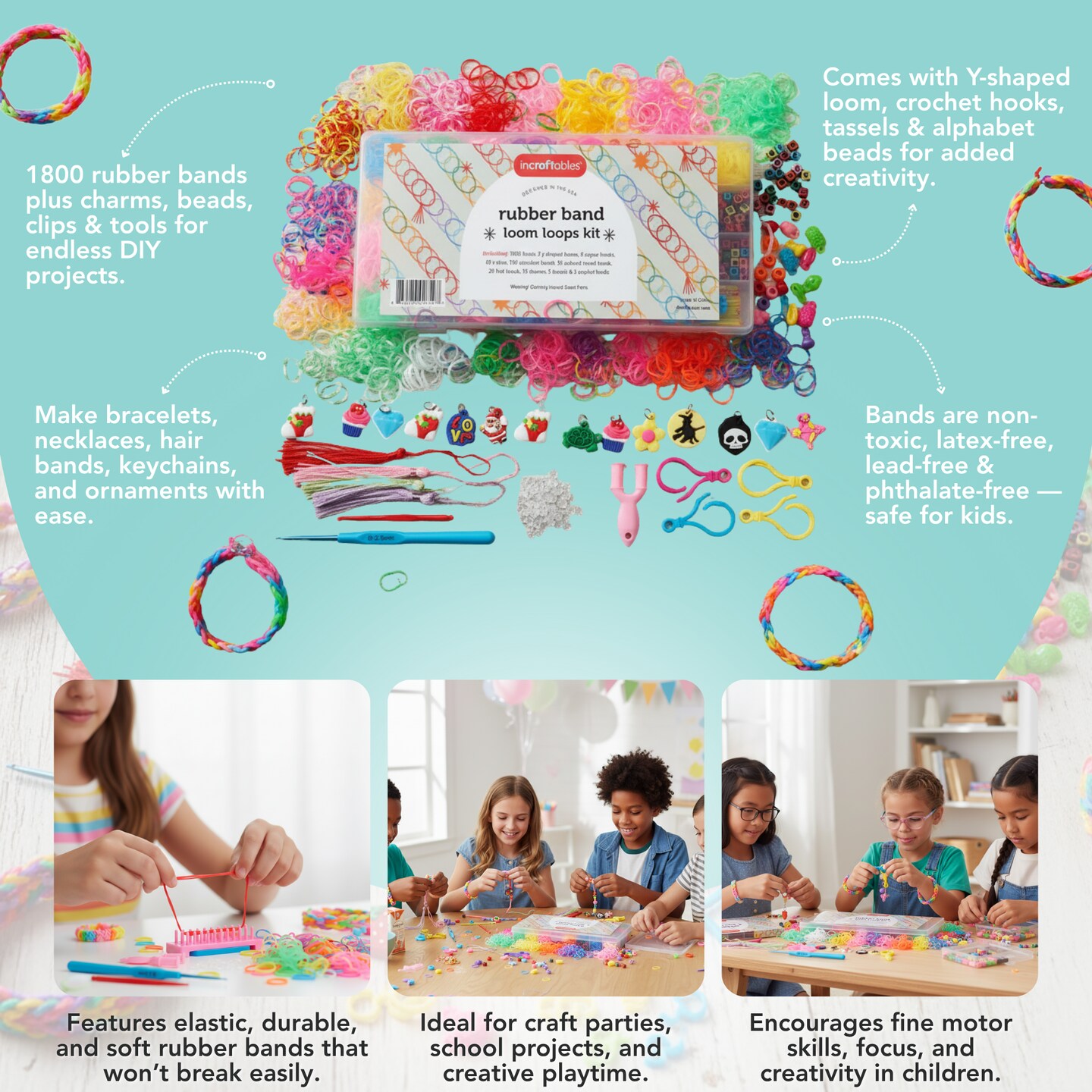 Incraftables Rubber Band Bracelet Making Kit. Rainbow Rubberband Set with Y-Loom, Zipper Hook, S-Clips, Beads, Charms, Tassels &#x26; Crochet Hooks. Rubber Band Loom Bracelet Making Kit for Kids &#x26; Adults