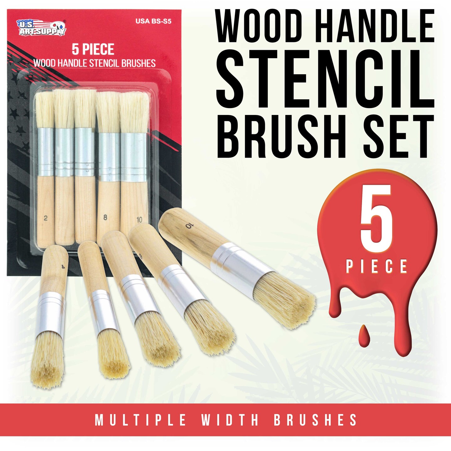 5 Piece Stencil Brush Set - Round Paint Brushes with Natural Bristle - Stiff Bristle Brushes for Chalk Paint, Acrylic, Watercolor - Stipple Brush for Stenciling