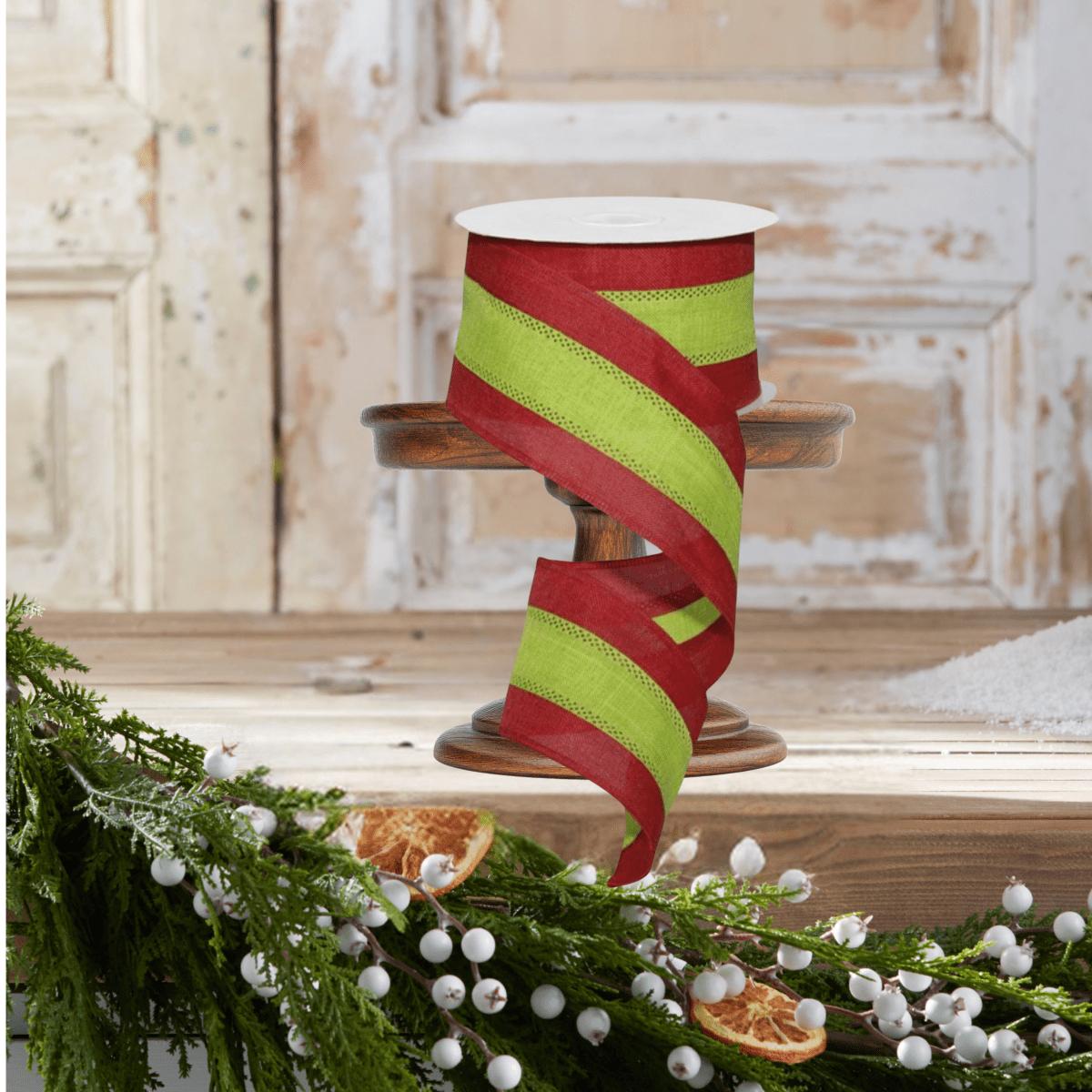 2.5&#x22; Tricolor Striped Ribbon: Red/Lime Green (10 Yards)