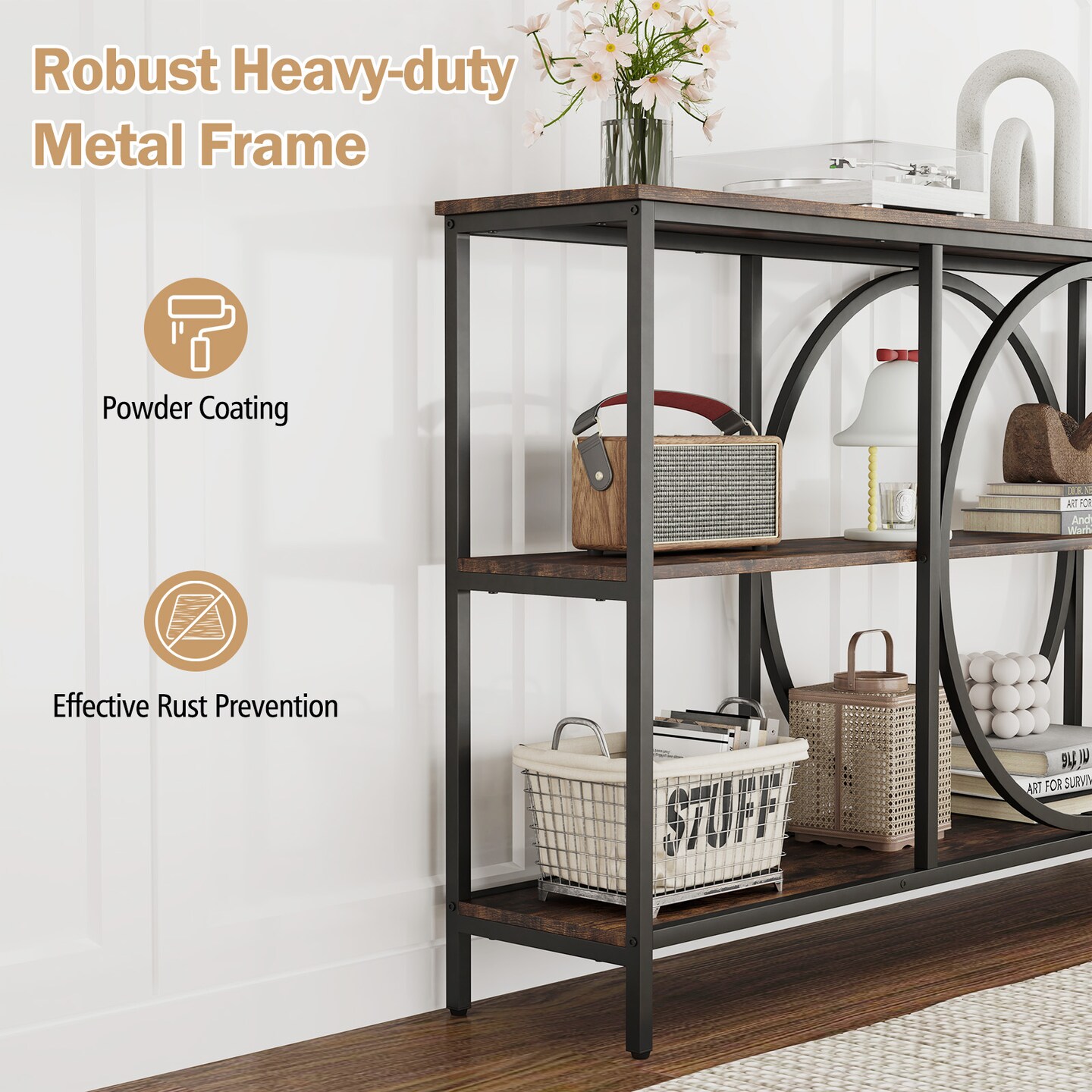 Chic Entryway Console Table White Gold Metal Frame with Faux Marble Top 3-Tier Open Storage