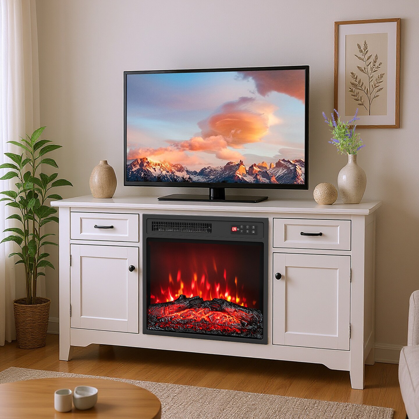Small Electric Fireplace Heater for 400 sq.ft, 7 Flame Modes, 5-Level Brightness Included Remote