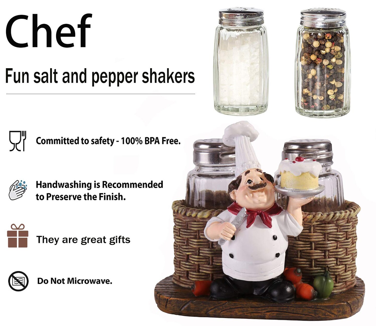 Salt and Pepper Shakers Set,Sitting Chef Decorative Statue Spice Organizer,Glass Spice Jars with Holder Figurine Gift for Family,Kitchen,Restaurant, Cafe,Bakery (Cake)