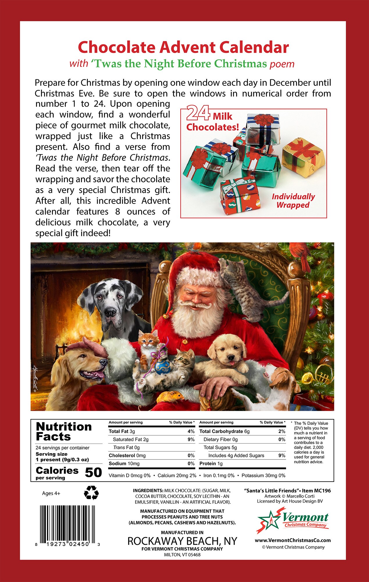 Santa's Little Friends Chocolate Advent Calendar by Vermont Christmas Company - Full Half Pound of Delicious Milk Chocolate, Individually Wrapped - Twas the Night Before Christmas