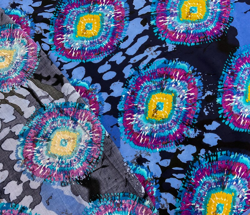 Blue-Purple-Multi Rayon Abstract Tie Dye Printed Challis Woven Fabric By the Yard