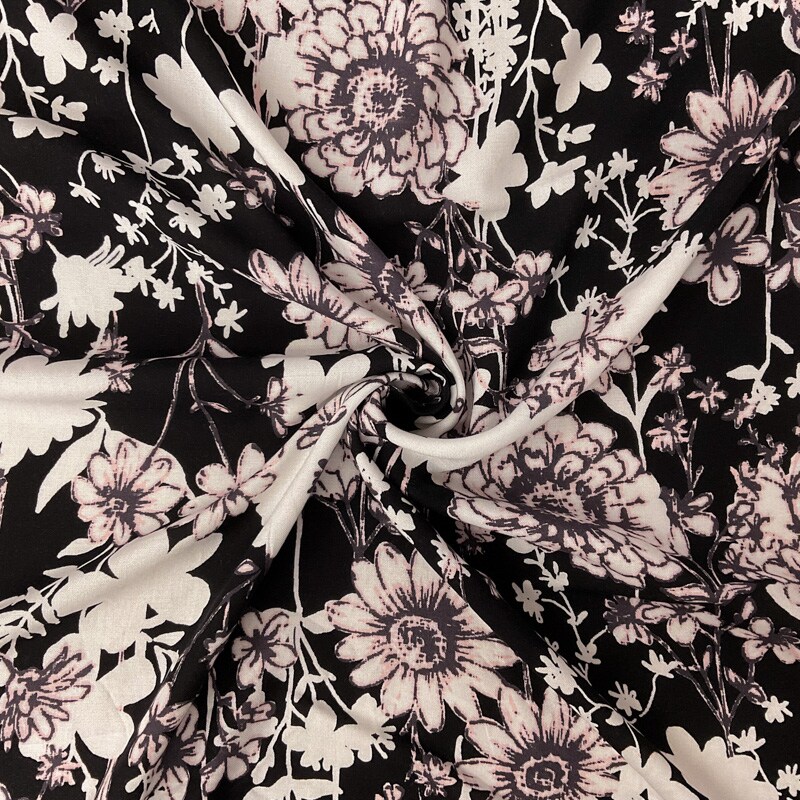 Black-White-Multi Rayon Floral Printed Challis Woven Fabric By the Yard