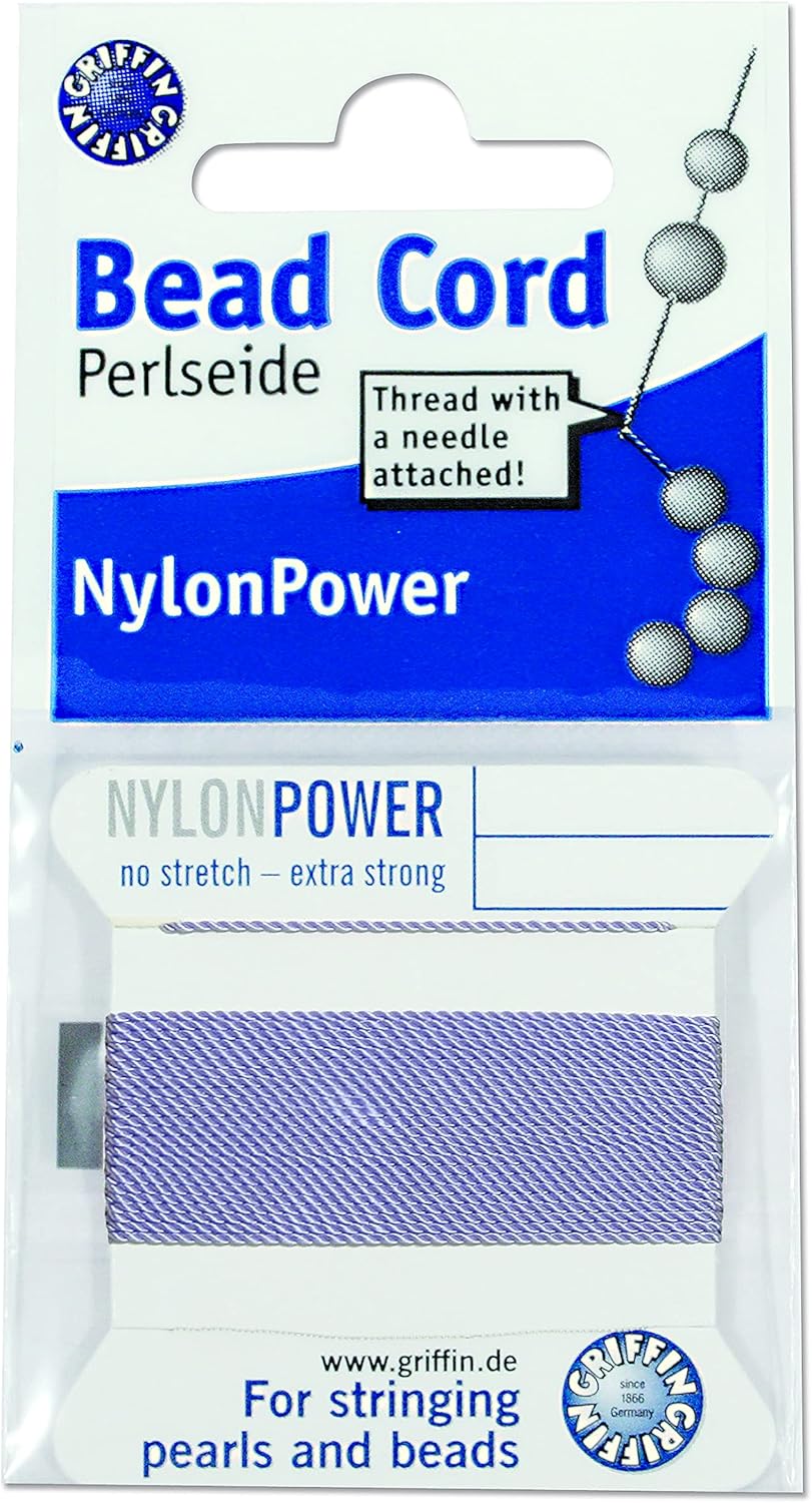 Griffin Nylon Bead Cord Perlseide – Size 5 (0.65mm) – 2 Meters per Card – Stainless Steel Needle Attached – for Knotting Pearls, Gemstones, Crystals and Beads