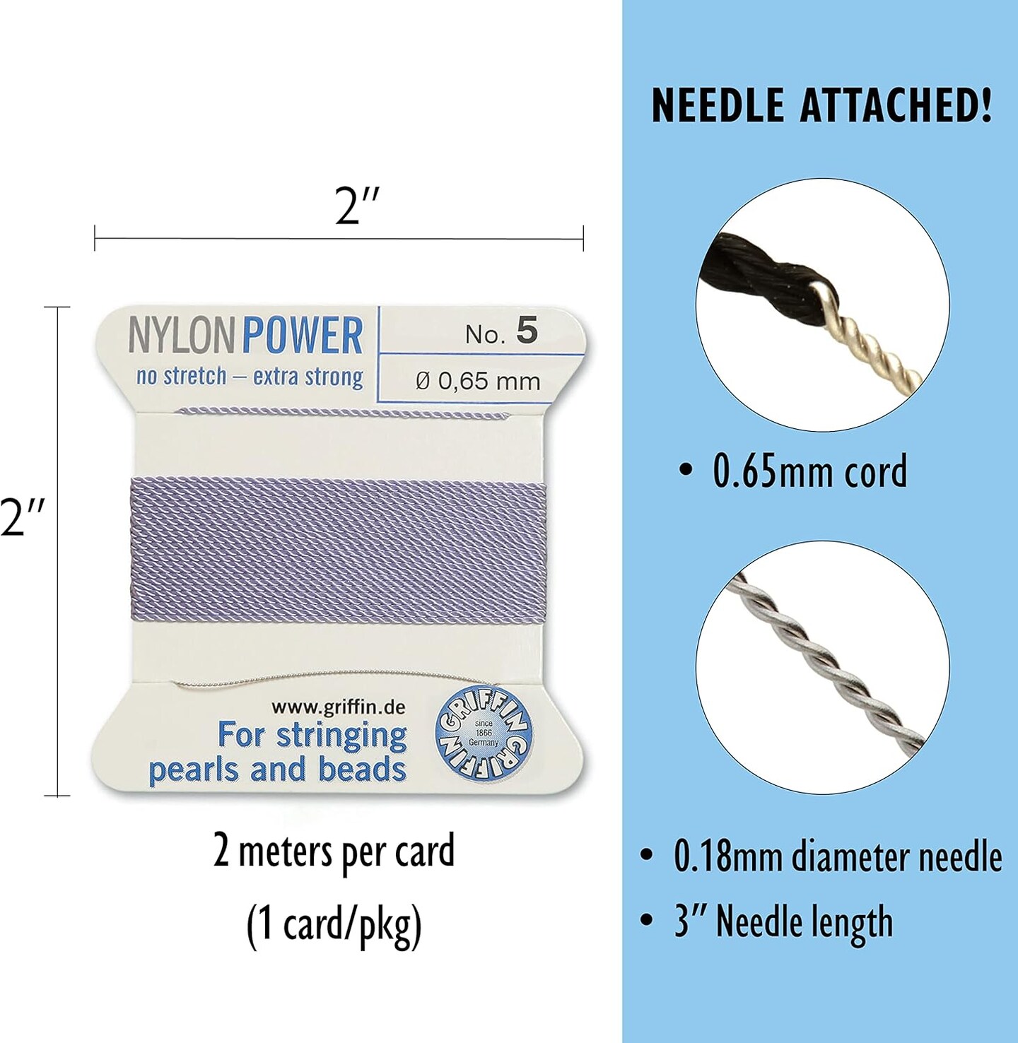 Griffin Nylon Bead Cord Perlseide – Size 5 (0.65mm) – 2 Meters per Card – Stainless Steel Needle Attached – for Knotting Pearls, Gemstones, Crystals and Beads