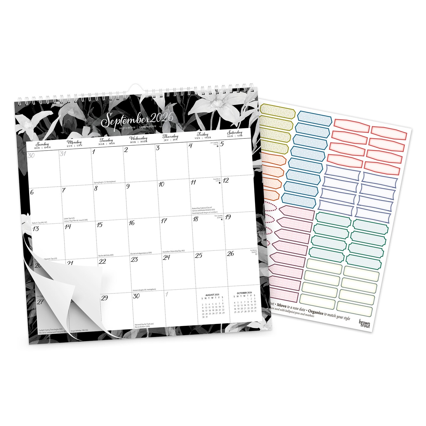 Pen & Ink | 2026 12 x 12 Inch (Hanging) Monthly Square Wire-O Calendar | Sticker Sheet