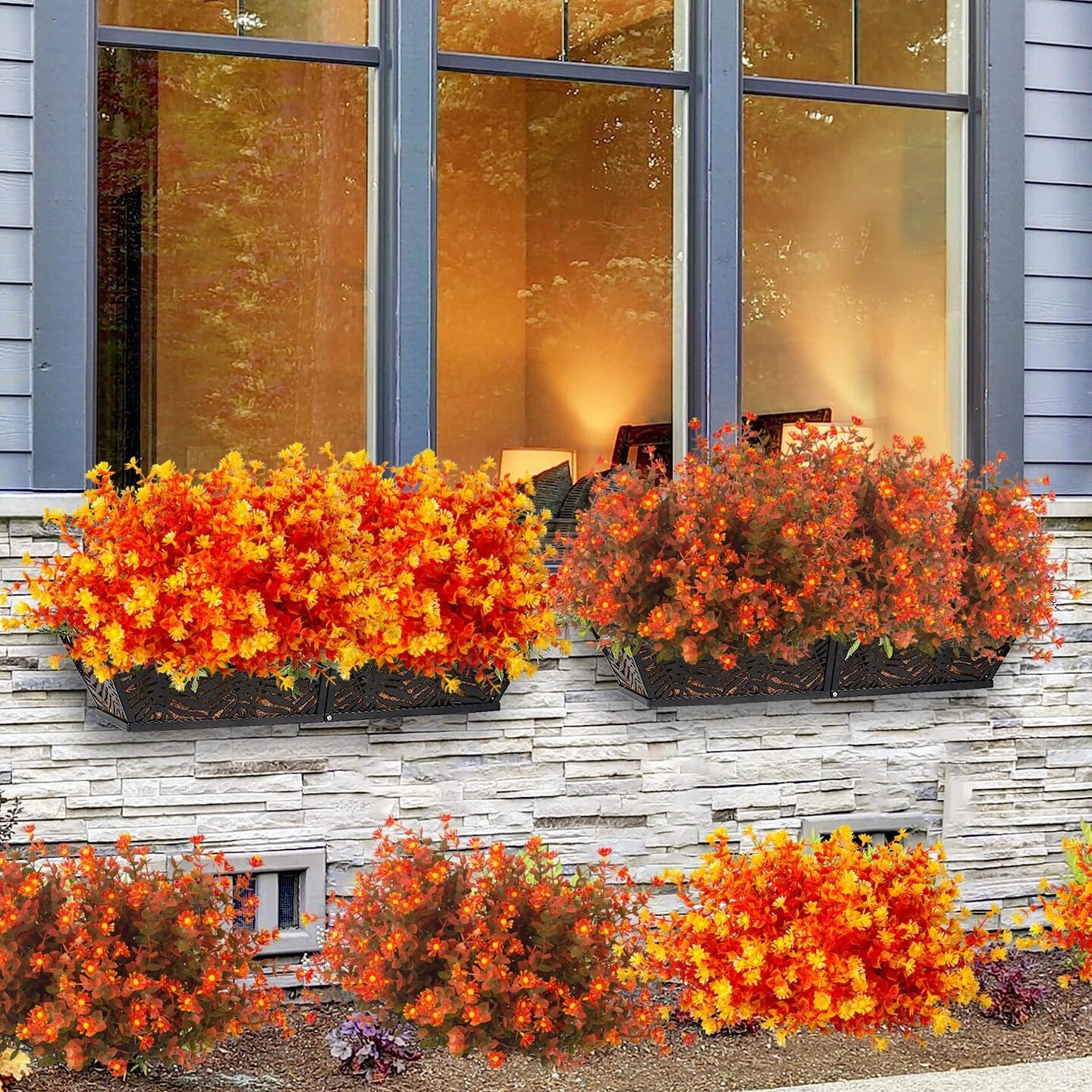 12 Bundles Artificial Fall Flowers No Fade Faux Autumn Plants, Fake Indoor Outdoor Greenery Decorations for Thanksgiving Christmas Wedding Party Home Garden Fireplace Décor (Fall Orange)