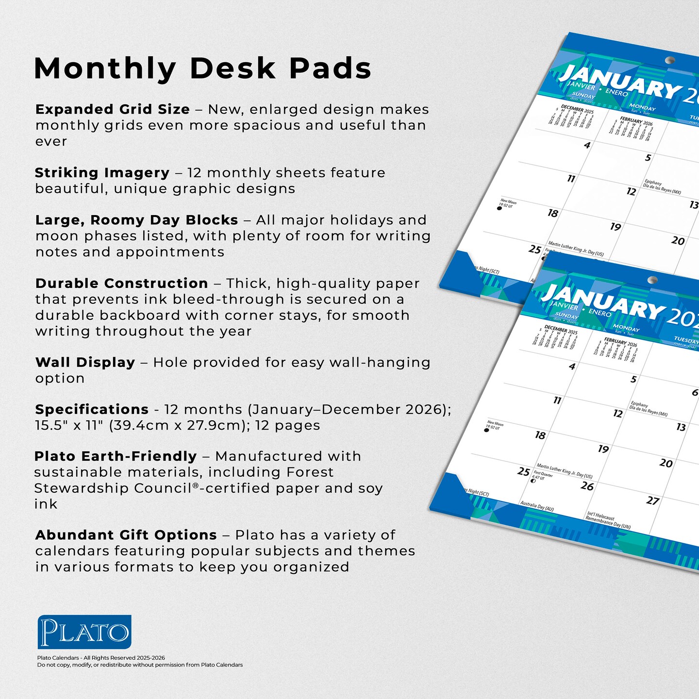 Large Print | 2026 15.5 x 11 Inch Monthly Desk Pad Calendar