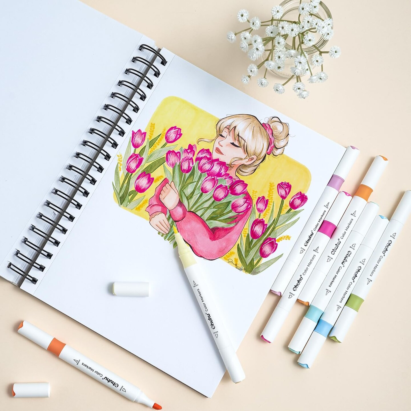 64 Colors Dual Tip Water-Based Markers – Brush & Fine Tips for Adult Coloring, Journaling, Lettering, and Drawing