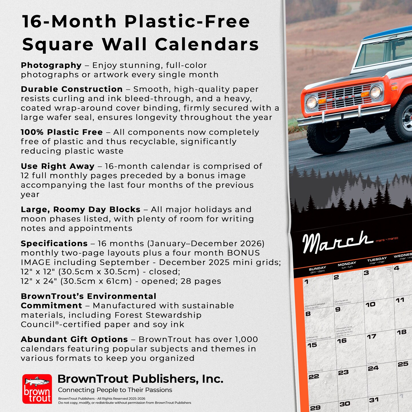 Ford Bronco OFFICIAL | 2026 12 x 24 Inch (Hanging) Monthly Square Wall Calendar | Plastic-Free