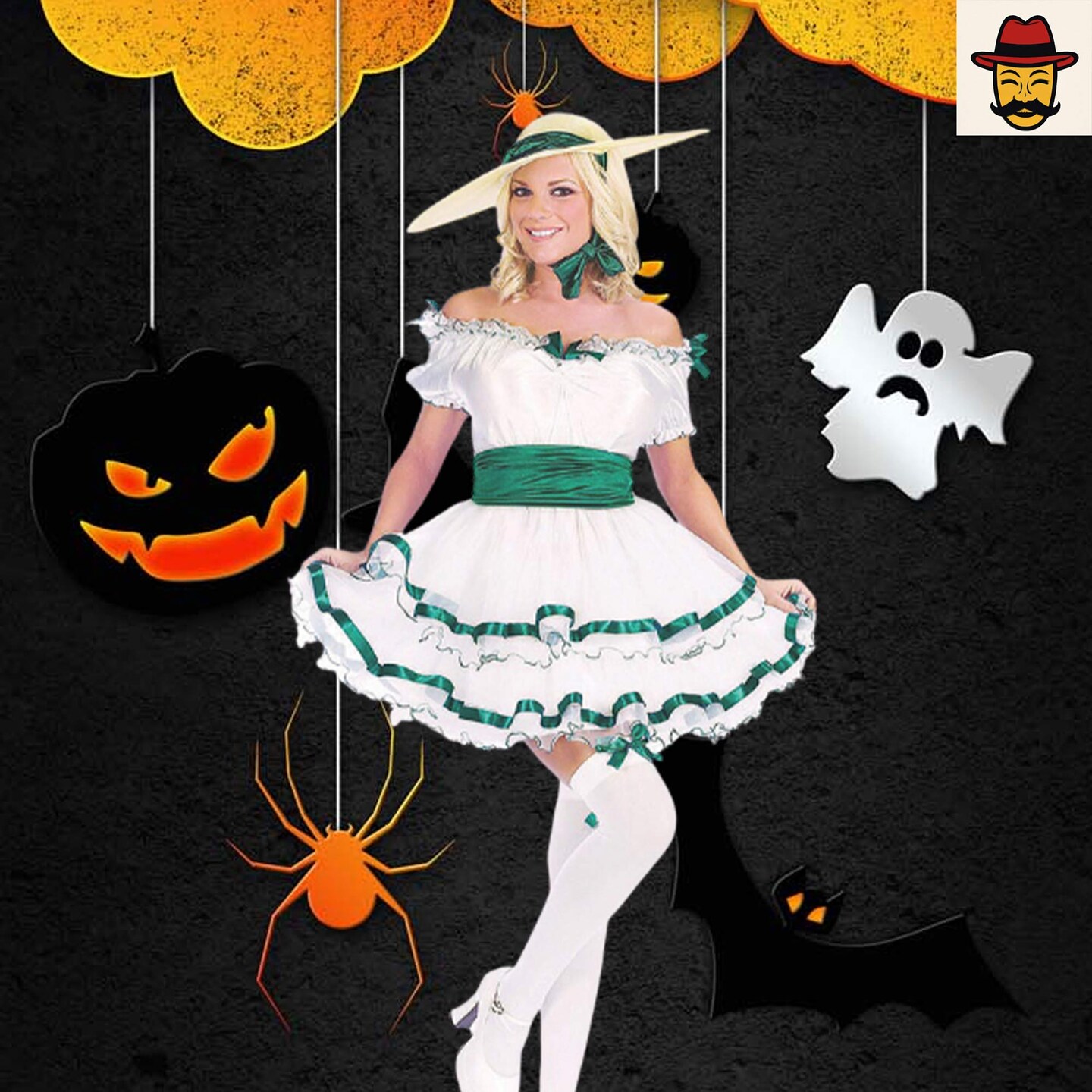Womens Southern Belle Costume White Dress with Green Ribbon Trim Halloween Party