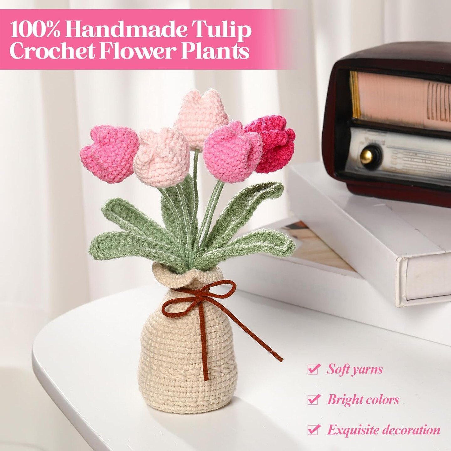 Crochet Knitting Tulip Bouquet with Vase 7" Knitted Artificial Forever Tulip Handmade Woven Flower with Exquisite Pot Gift for Valentine's Day Back to School Gift Family Home Desk Decor(Pink)