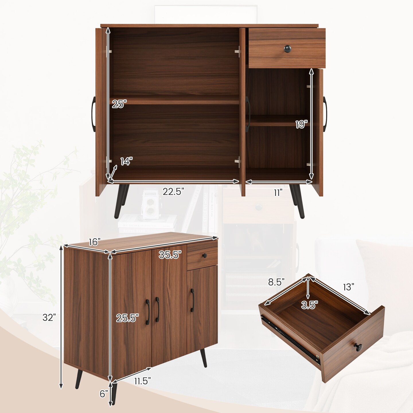 Storage Sideboard Cabinet, 3 Doors with Drawer & Adjustable Shelves