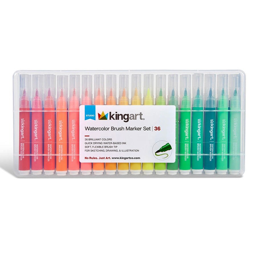 KINGART® Soft Tip Watercolor Brush Marker Set With Case, Set of 36 Unique Colors