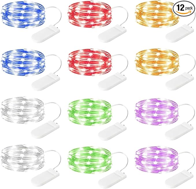 12 Pack Multi Color Led Fairy Lights Battery Operated String Lights Waterproof Silver Wire 7 Feet 20 Led Firefly Starry Moon Lights for DIY Wedding Party Bedroom Patio Christmas