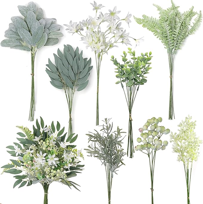70 Pcs Artificial Greenery Stems Box Set,with 8 Kinds of Faux Plants and Fake Flowers for DIY Bridal Bouquets Wedding Floral Arrangement Table Centerpieces Decoration (Sage Green & White)