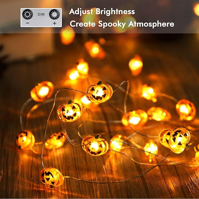 Pumpkin Halloween String Lights - 40 LED, 13.12ft, 8 Modes with Remote & Timer, Flexible Copper Wire Jack-O-Lantern Lights for Warm White Halloween Party Decorations