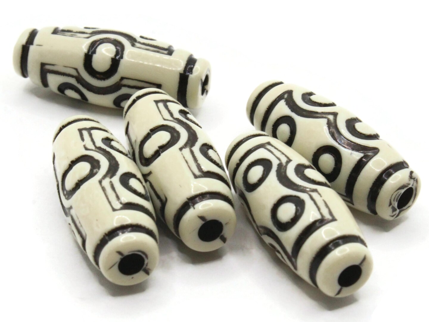 5 34mm White and Black Patterned Plastic Tube Beads