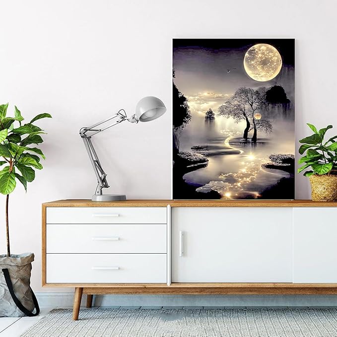 Diamond Painting Kits for Adults Beginners,Moon Diamond Art Kits for Adults,5D Moonlight Landscape Diamond Painting Kits DIY Diamond Art Dots Crafts Kits,Home Wall Decor Gifts 12x16in