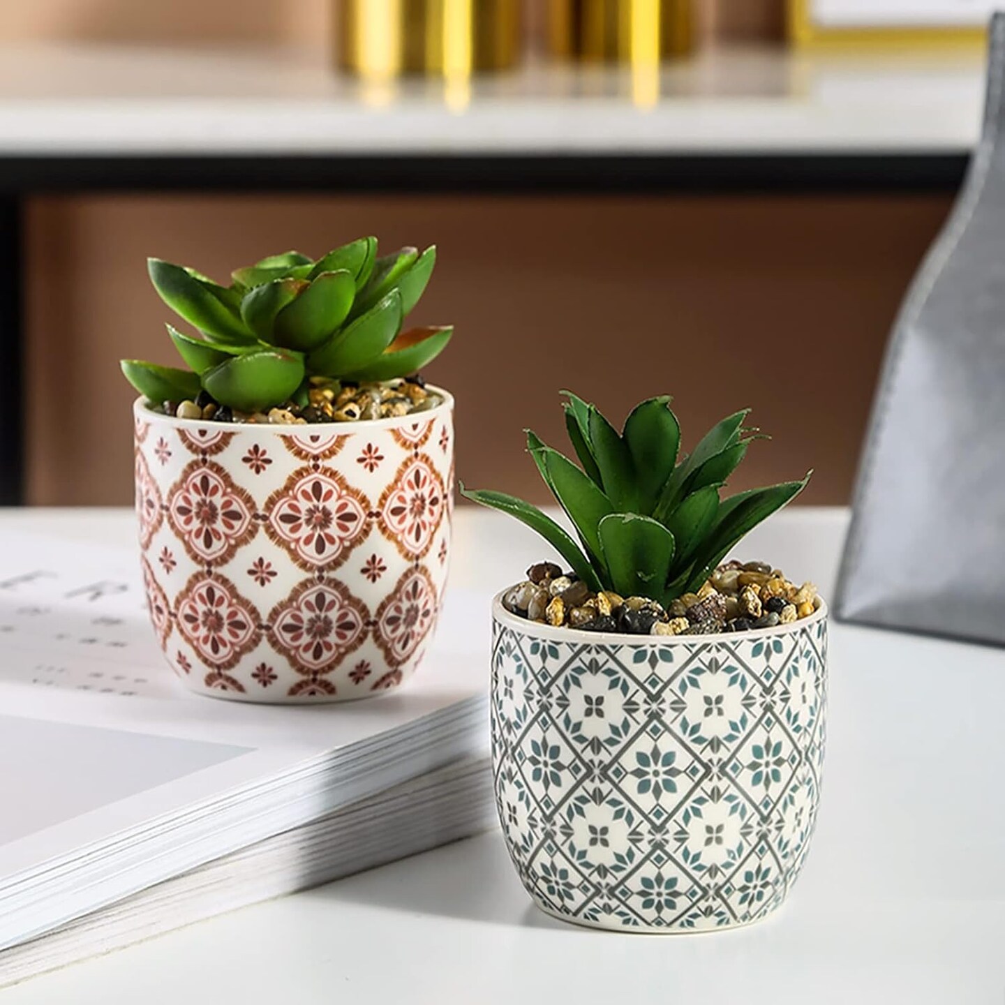 Set of 2 Artificial Succulent Plants in Ceramic Pots – Small Realistic Fake Potted Plants for Home, Office Desk, Bedroom, Living Room, Shelf & Farmhouse Decor