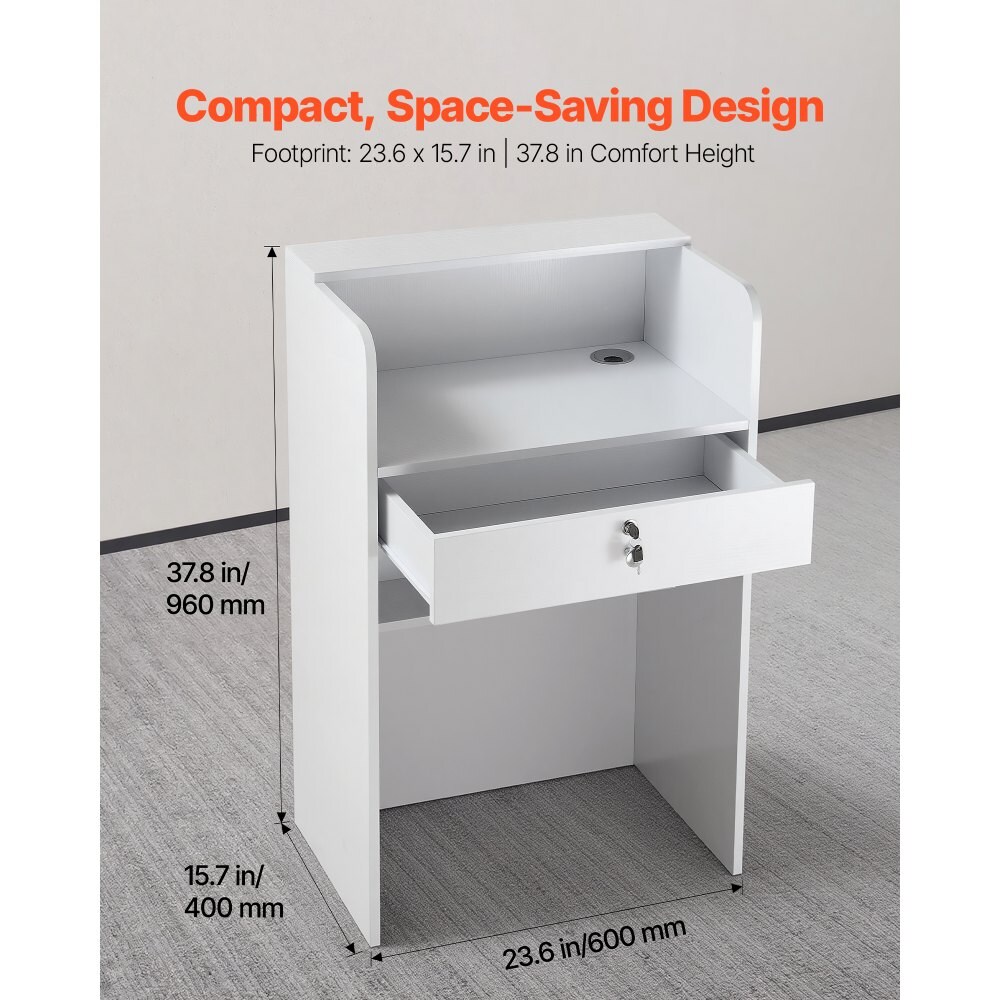 White Modern Reception Desk with Drawer, Rectangular Front Counter Table