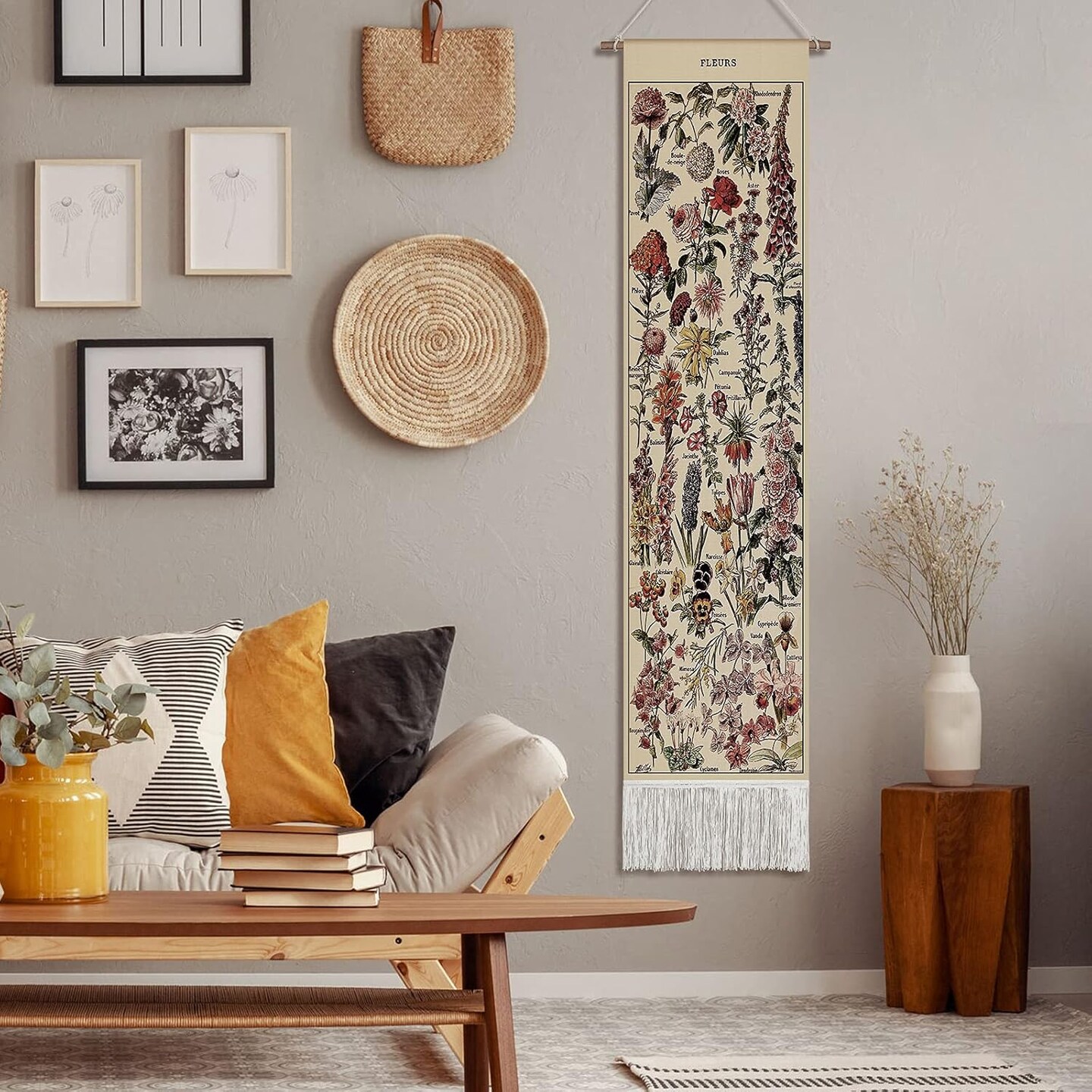 Vintage Tapestry 52 x 13 Inch, Long Vertical Wall Hanging Reference Illustrative Botanical Tassel Tapestry for Bedroom Living Room Home Decoration(Flower)