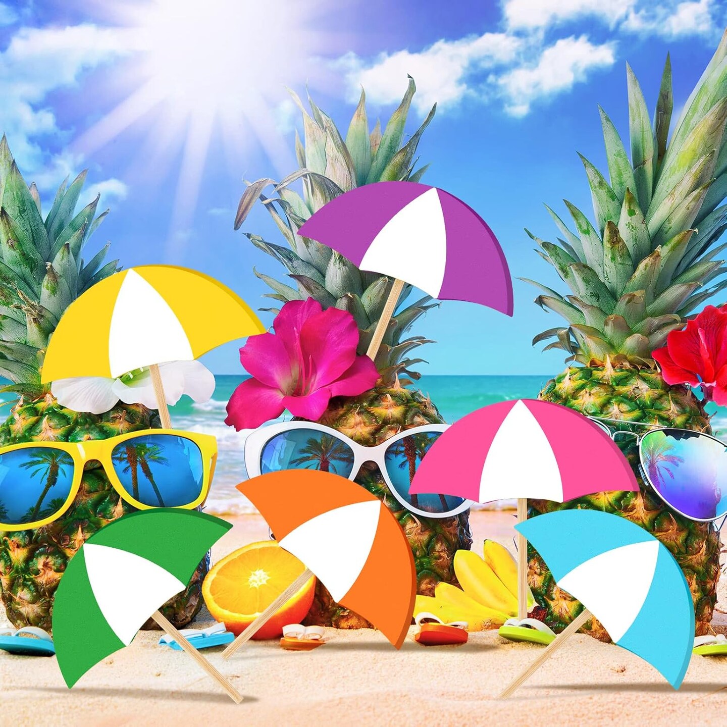 6 Pcs Summer Wooden Decor Colorful Umbrella Table Centerpieces Tiered Tray Decor Set Wooden Sun Shade Parasol Block Signs